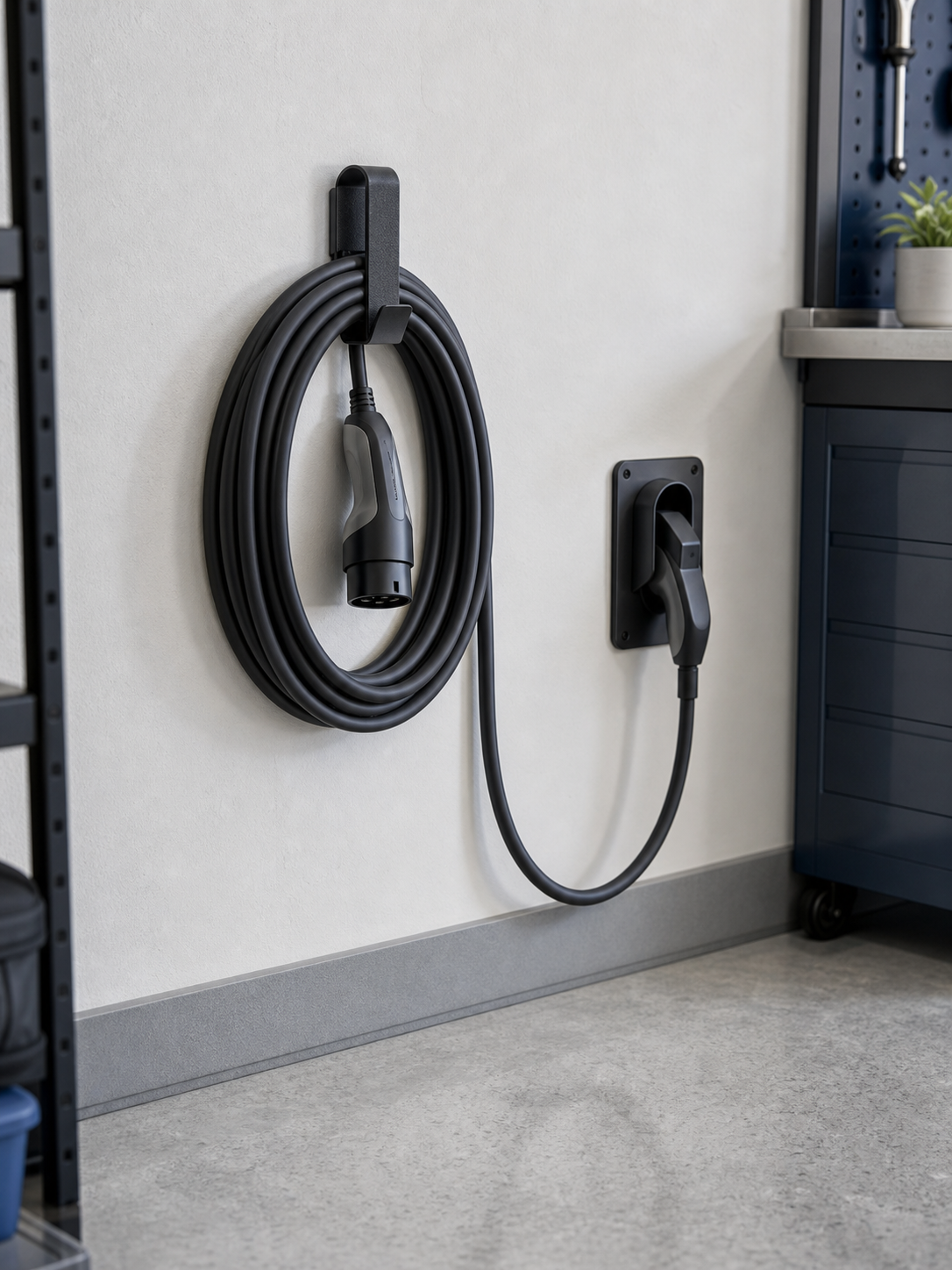 Coiled EV charging cable stored on a garage wall hook