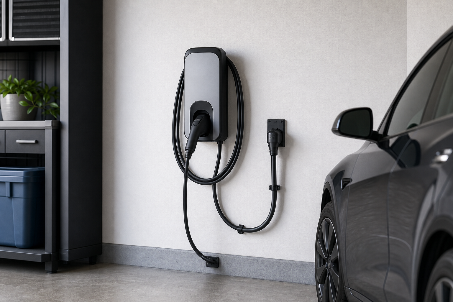 Home garage wall EV charger and cable routing