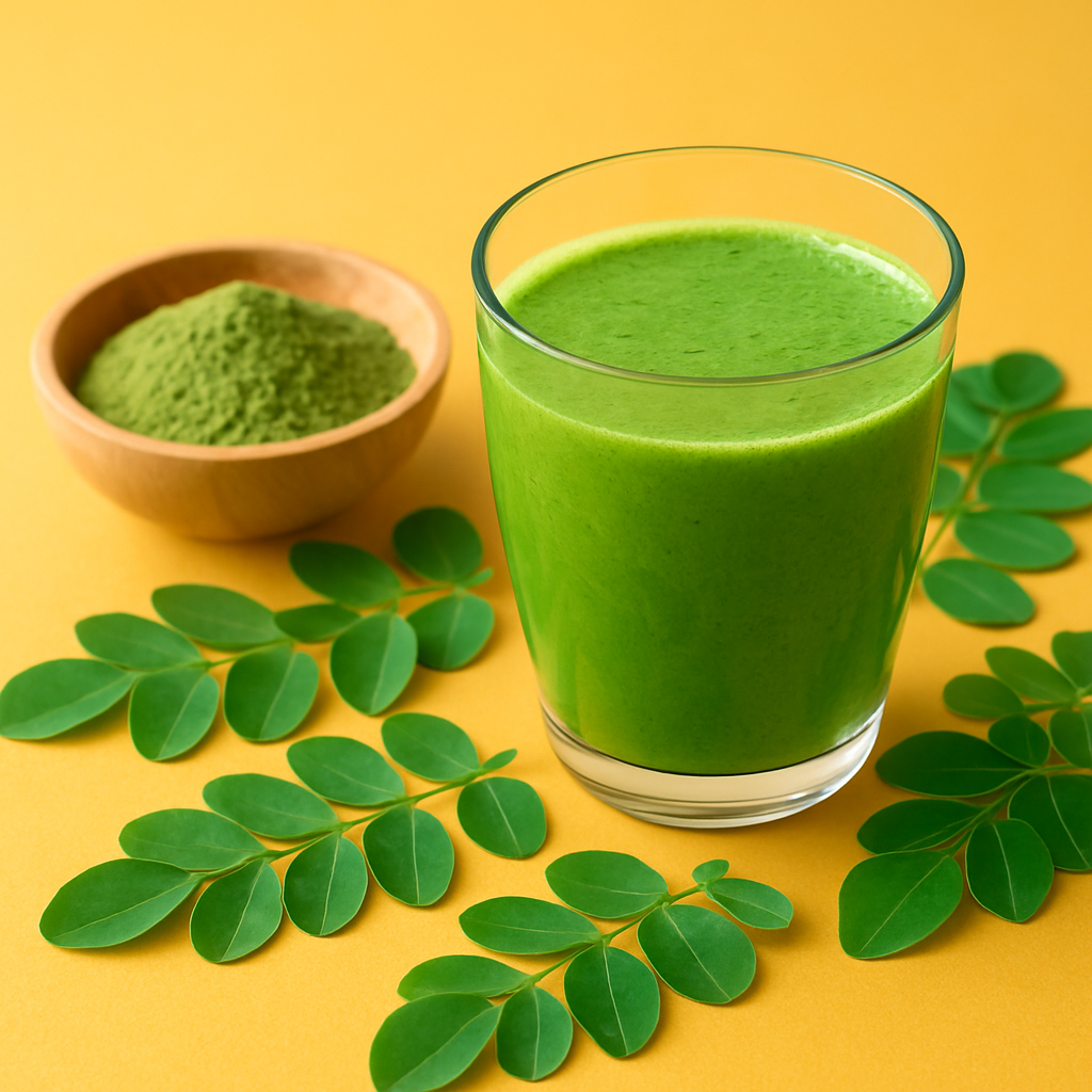 Green moringa smoothie with leaves and powder